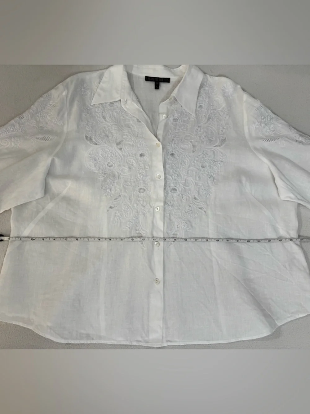 Lafayette 148 New York White Embroidered Button-Front Linen Shirt - Picture 8 of 9